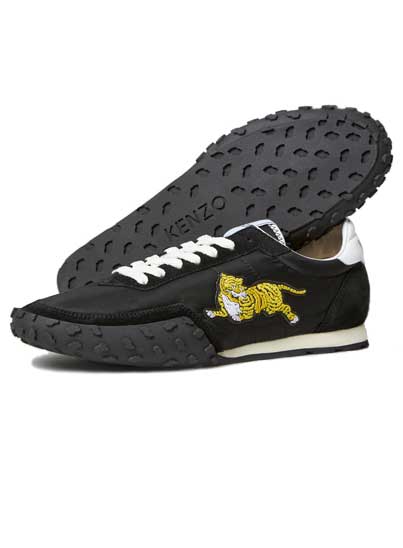 Chaussure noire kenzo, lecet blanc, tigre brodé jaune.