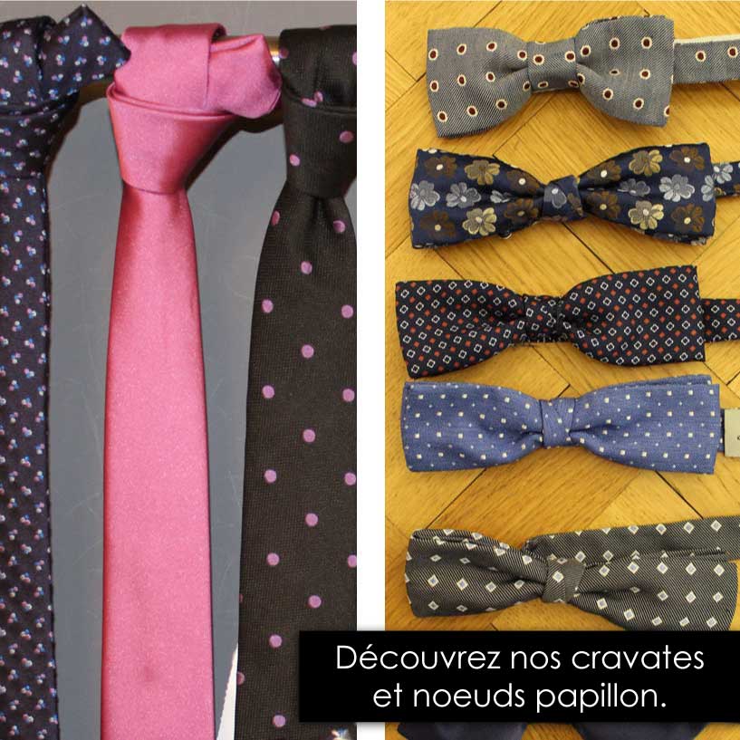 Cravates et noeuds papillon, unis ou à motifs pour costumes de mariage ou de cérémonie.