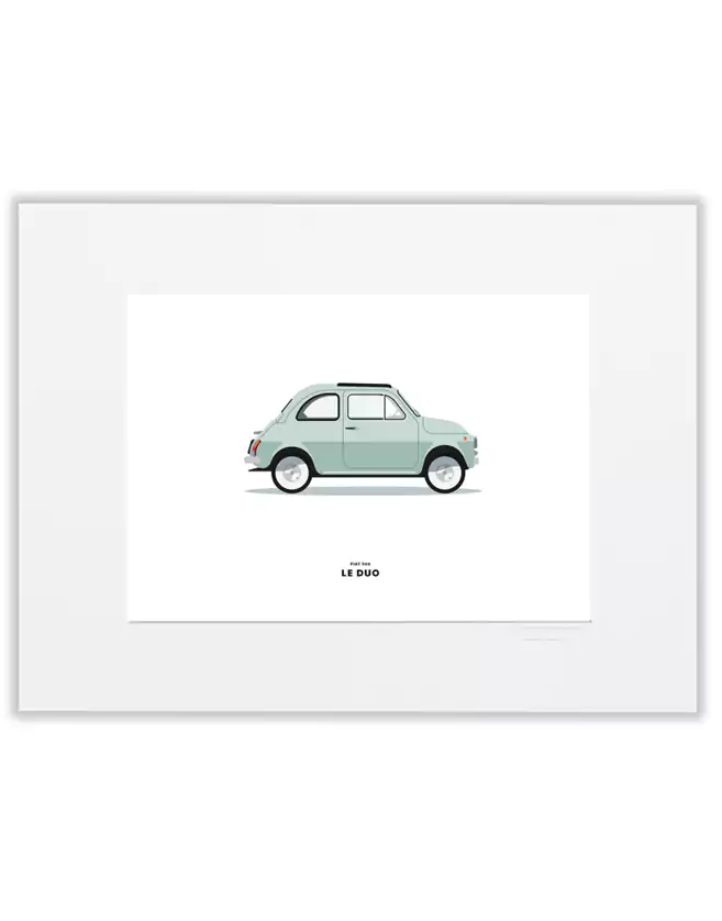 Illustration voiture Fiat 500. Les tirages 30 x 40 cm sont présentés sous passes-partout.