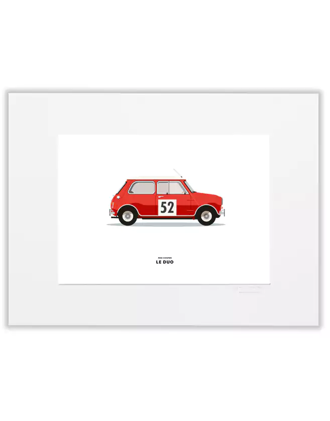 Illustration voiture Mini Cooper. Les tirages 30 x 40 cm sont présentés sous passes-partout.