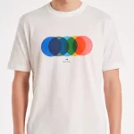 Confectionné en jersey 100% coton biologique, ce t-shirt Paul Smith blanc à col rond présente un imprimé multicolore "Circles" sur le devant.