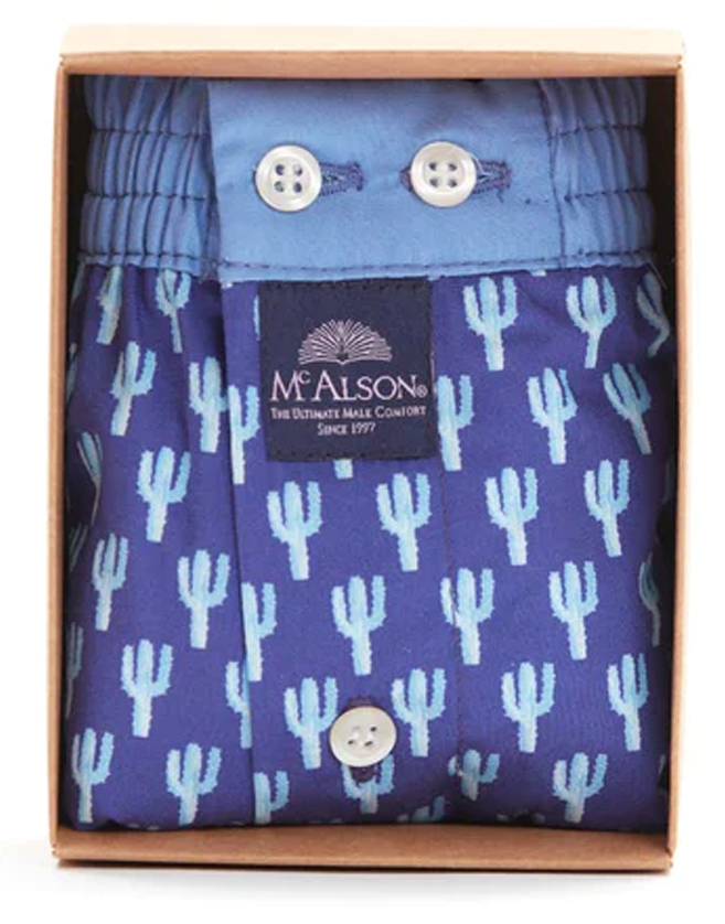 Caleçon Mc Alson bleu imprimé « Cactus» comprenant le support intérieur invisible signature McAlson ; alliant parfaitement l'élégance d'un boxer au confort d'un slip.