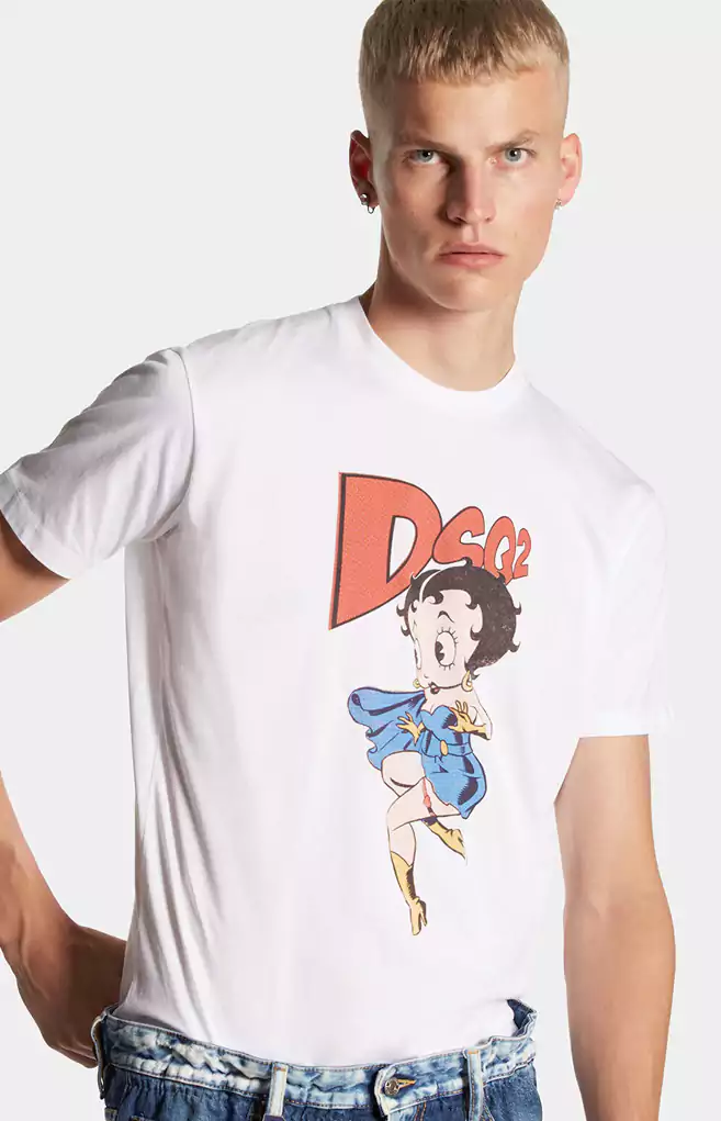 Ce t-shirt rend hommage à Betty Boop, personnage de bande dessinée et d'animation des années 30. La pin-up emblématique conserve le charme du passé et représente parfaitement l'esprit ironique du récit Dsquared2.